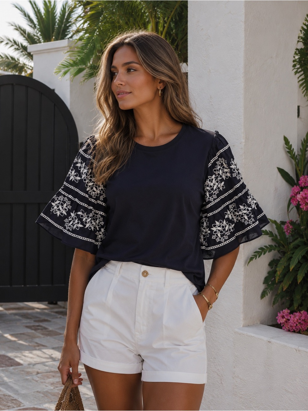 Chicos Navy Embroidered Flutter Sleeve Top Size 1 (M) NWT Boho Feminine Coastal